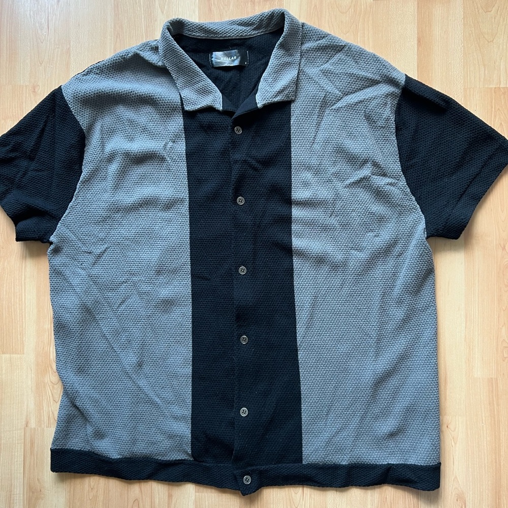 men’s knitted, colour block, bowling short sleeve button down collared shirt